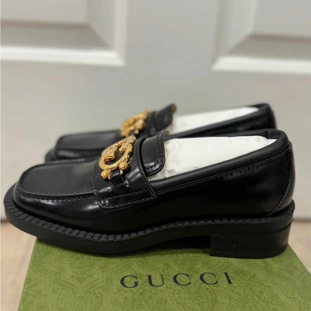 GUCCI Authentic Spice Lux Nappa Black Patent Gold Interlocking G Loafers US 4 34 - Picture 5 of 10